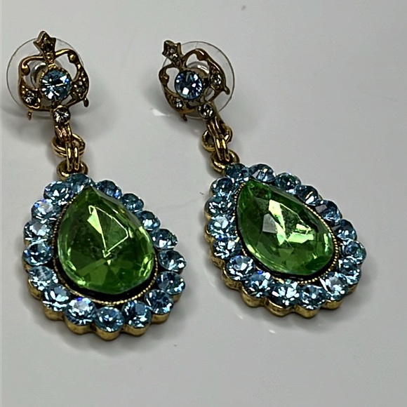 CRYSTAL WATER DROP EARRINGS BLUE & GREEN CRYSTAL - Picture 5 of 6